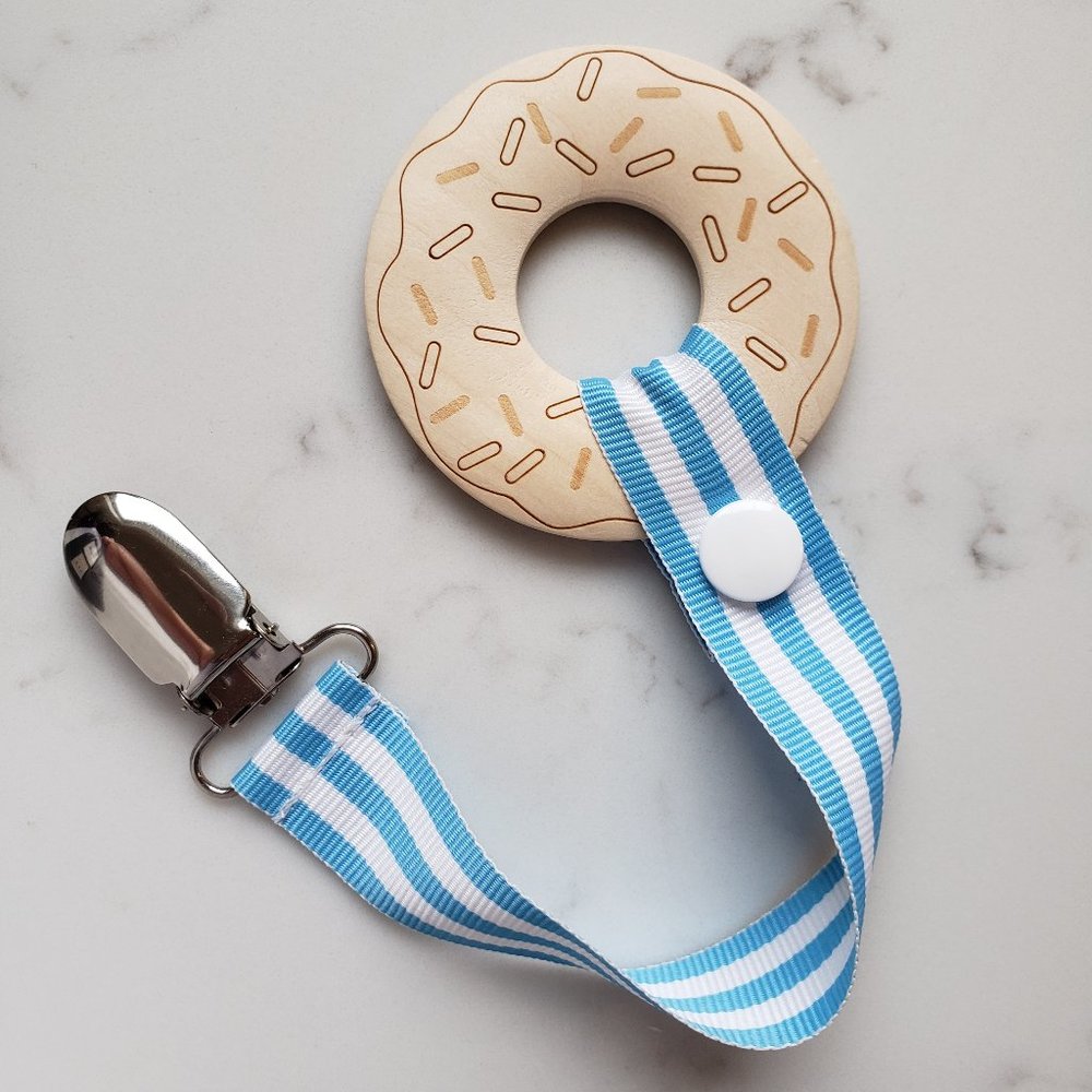 Wooden Donut Teether for Baby with Pacifier Clip - Handmade Baby Gift Idea